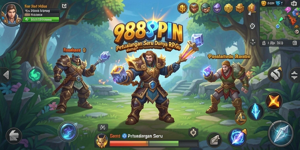 Screenshot permainan <strong>988SPIN</strong> menunjukkan pertarungan epik dan eksplorasi dunia luas.