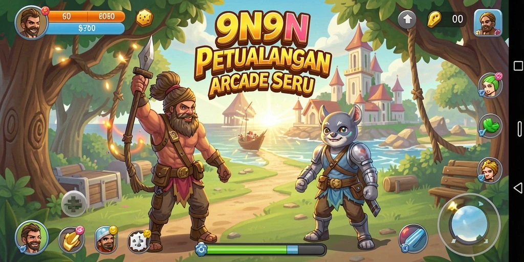 Tampilan gameplay Arcade 9N9N yang dinamis dan penuh warna.