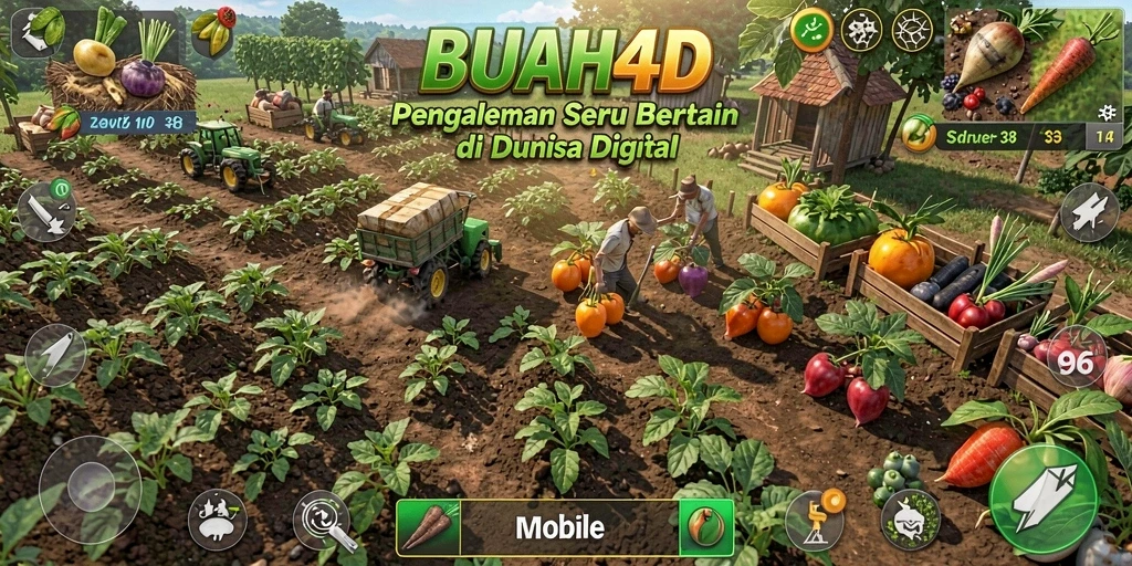 Tangkapan layar utama BUAH4D menampilkan kebun yang subur dengan berbagai jenis tanaman.