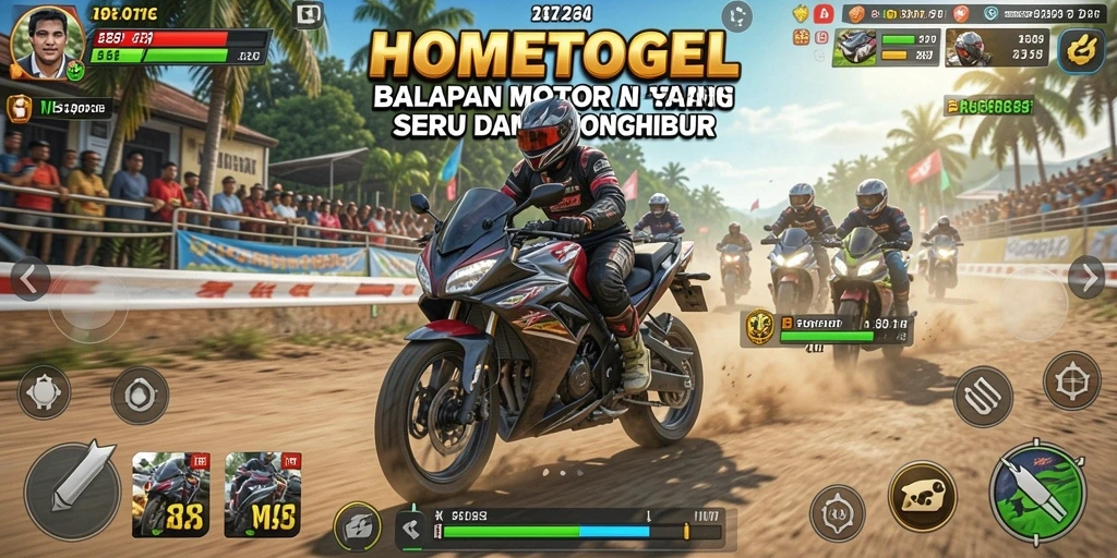 Screenshot HOMETOGEL menampilkan aksi balapan motor yang mendebarkan.