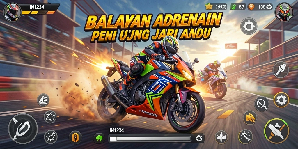 Tangkapan layar gameplay balapan motor yang mendebarkan.