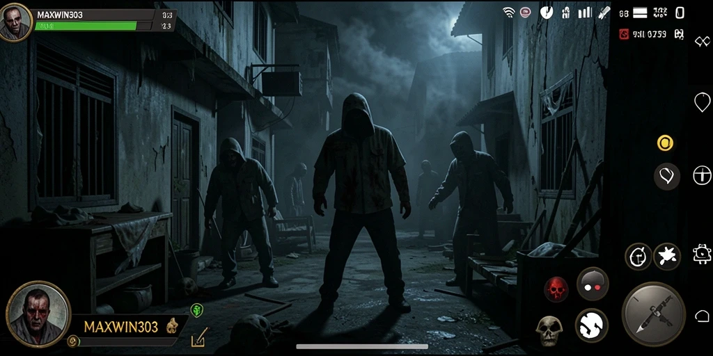 Screenshot gameplay <strong>MAXWIN303</strong> menampilkan suasana horor yang mencekam dengan elemen kejutan.