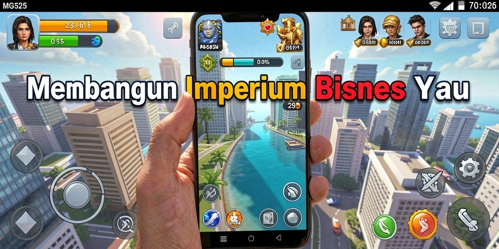 Screenshot gameplay MG525 menampilkan pembangunan bisnis yang dinamis.
