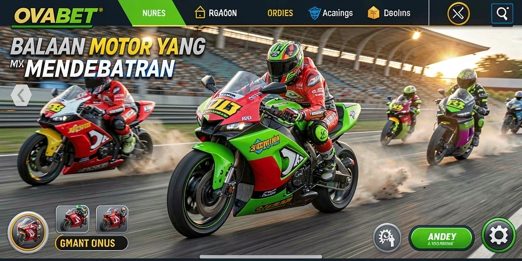 Screenshot gameplay OVABET yang menampilkan aksi balapan motor yang seru.