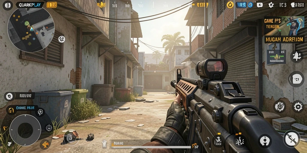 Tampilan gameplay QUARKPLAY dengan aksi mendebarkan dalam pertempuran FPS.