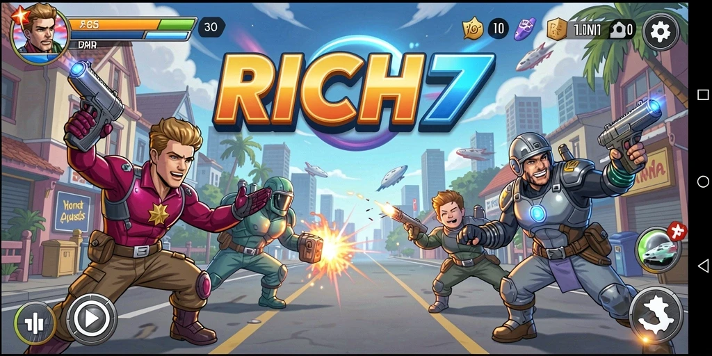 Tampilan gameplay RICH7 dengan suasana arcade yang penuh warna.