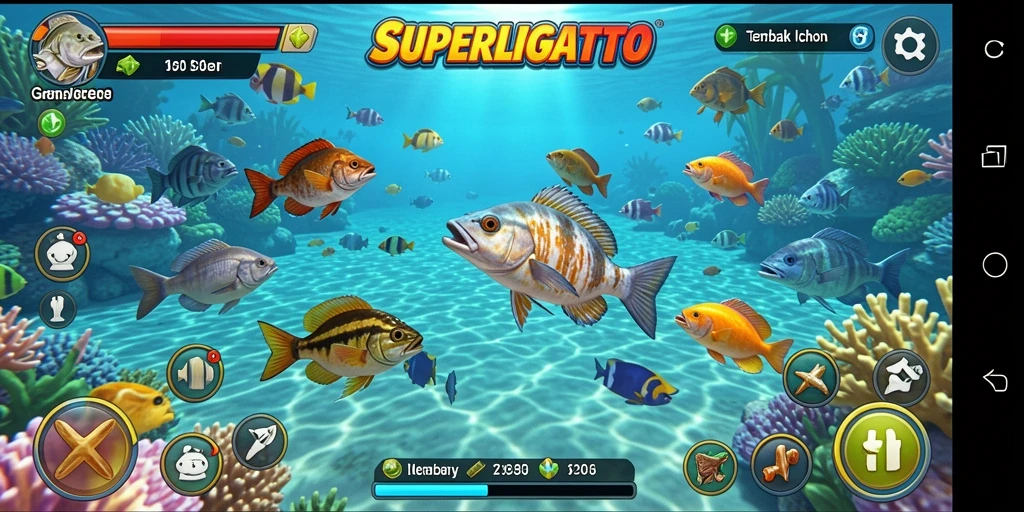 Screenshot gameplay SUPERLIGATOTO menampilkan aksi seru tembak ikan.