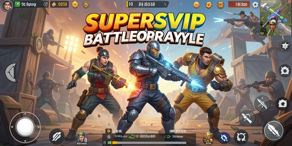 Screenshot SUPERSVIP menunjukkan aksi tempur mendebarkan dalam Battle Royale.