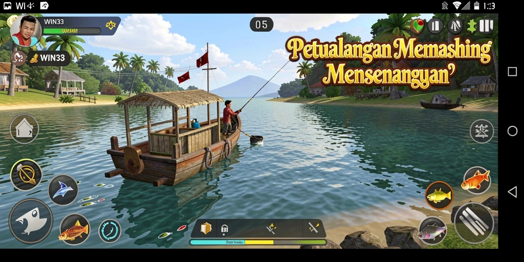 Tampilan gameplay WIN33 yang menyenangkan saat memancing di danau.